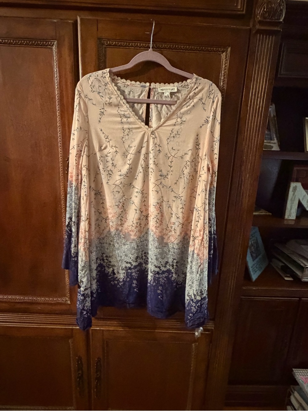 Soft Ombre Floral Long-Sleeve V-Neck Top - Blush & Navy